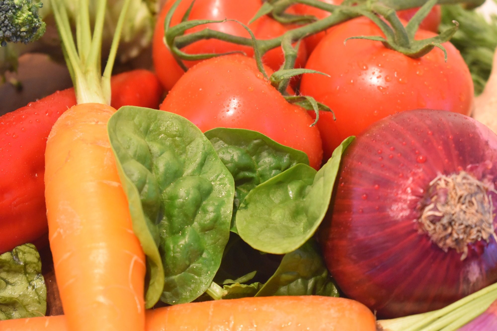 Verse groenten: tomaten, wortels, spinazie en een rode ui.