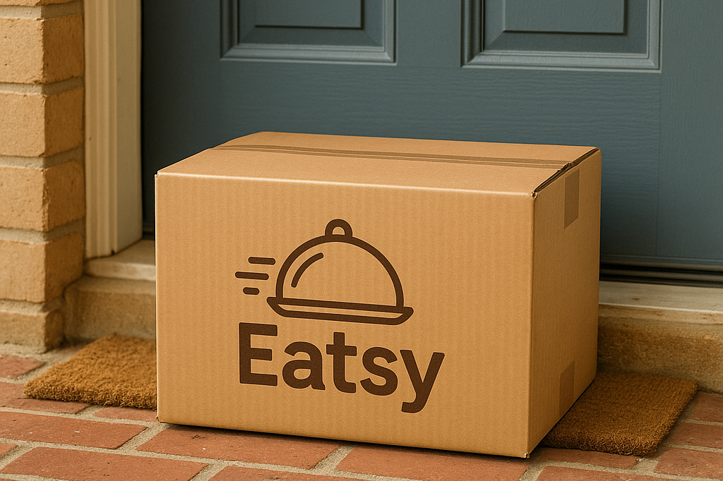 Kartonpakket met het logo van Eatsy bij een voordeur.